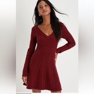 Lulu’s Sweetly Seasonal Burgundy Cable Knit Sweater Mini Dress